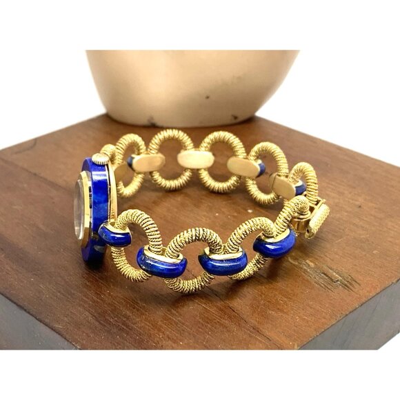 Longines Women's Watch Blue Lapis 18k Yellow Gold Vintage Swiss Hand Wind 27mm - Picture 9 of 14